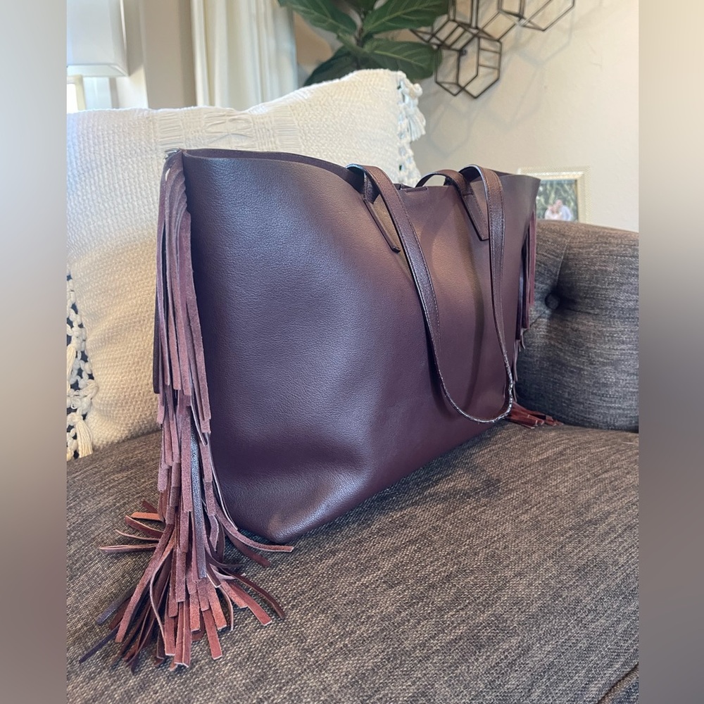 YSL Saint Laurent Large Calfskin Fringe Shopping Tote Bag Maroon - Picture 6 of 15